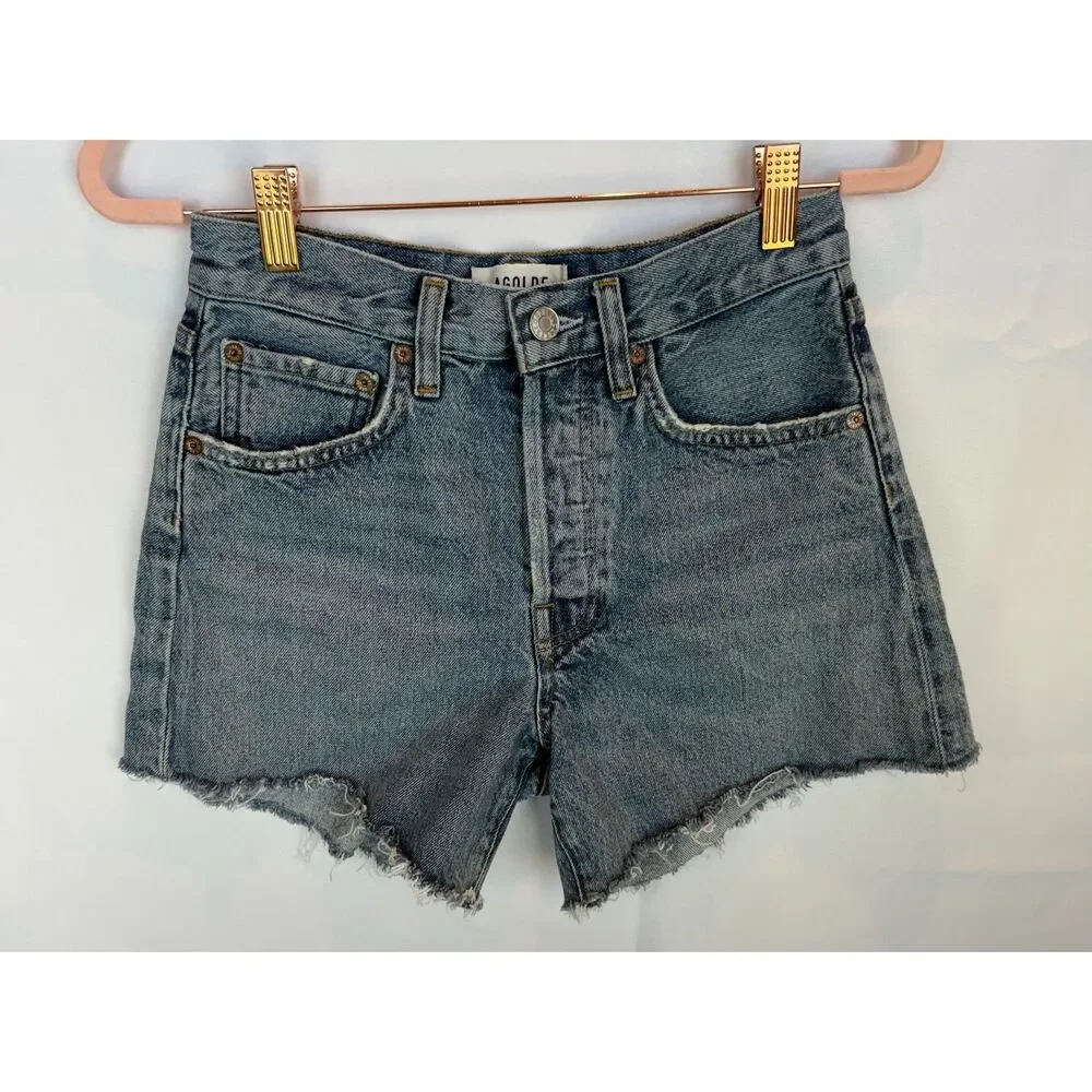AGOLDE Parker Long Frayed Hem Button Fly Blue Denim Cutoff Shorts Size 23